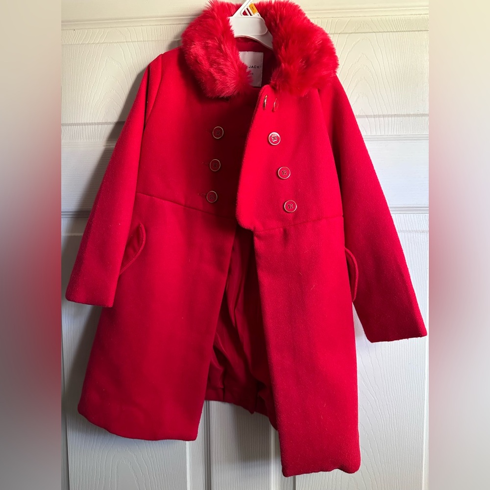 Janie and Jack Bright Red Double-Breasted Girl's Pea Coat with Faux Fur Collar